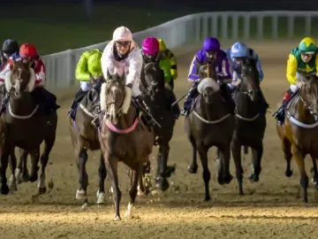 Jockeys charge towards the finish line at Wolverhampton Racecourse