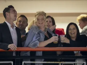 A group of guests on the hospitality balcony at Wolverhampton Races