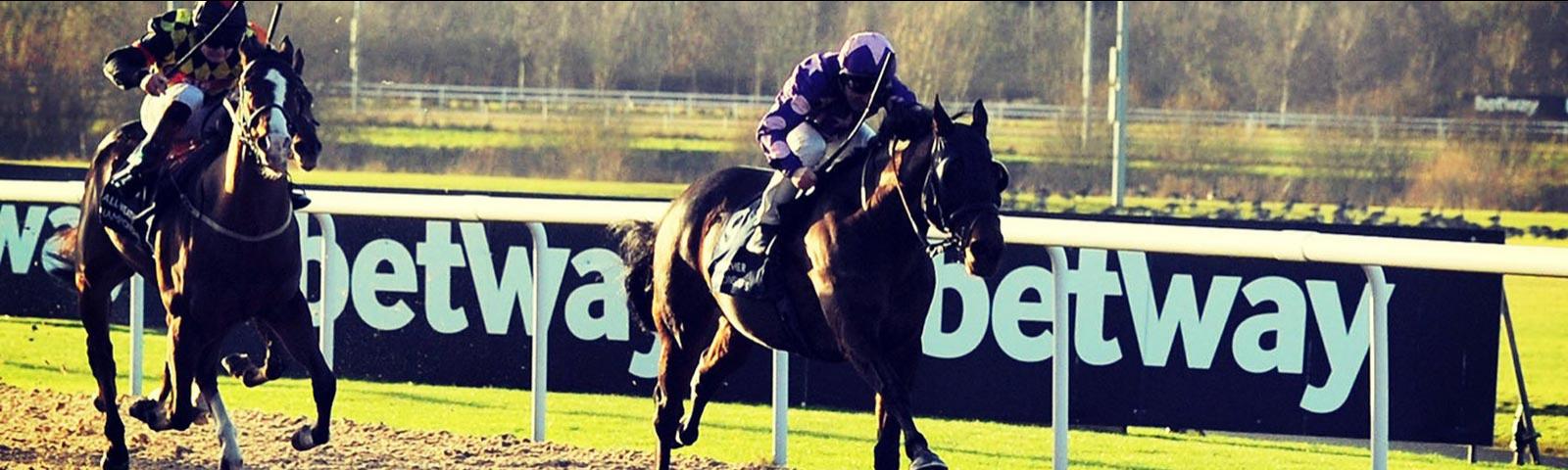 Jockeys racing past advertising/partnership hoardings.