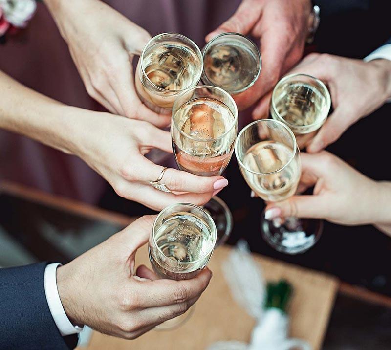 Group of six people holding a toast with champagne glasses.