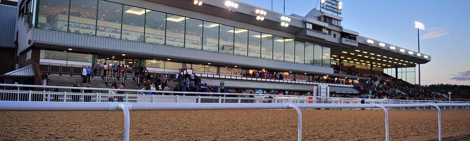 Outside view of the main grandstand and the Horizons Restaurant at Wolverhampton Racecourse.