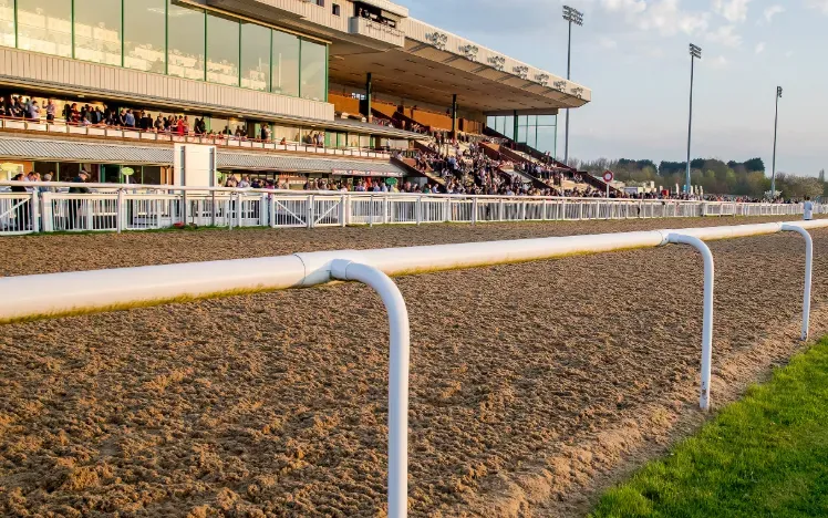The all weather track at Wolverhampton with the packed stands behind it