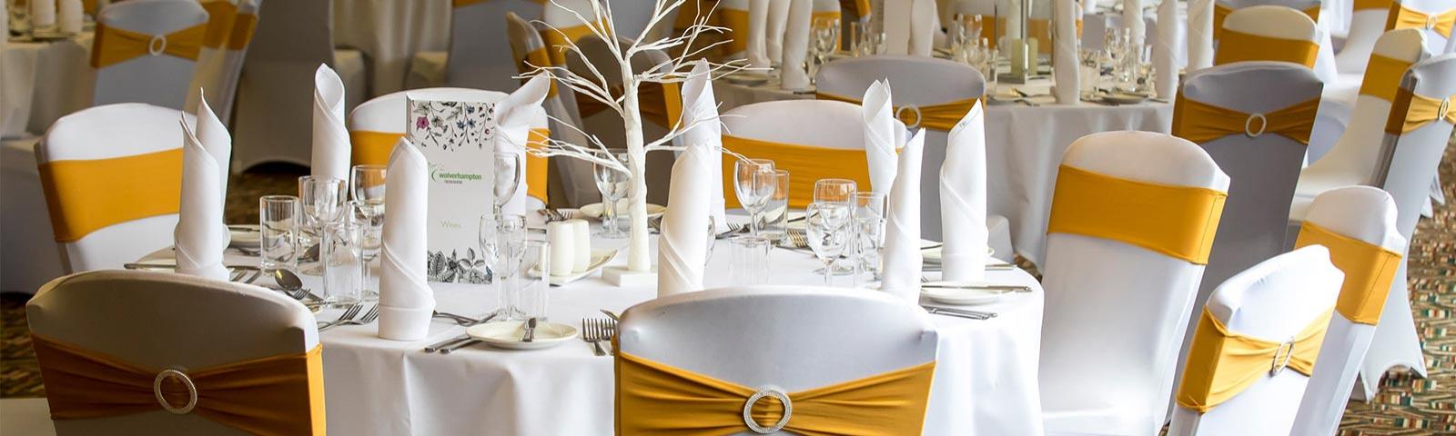 Beautifully decorated tables at Wolverhampton Racecourse await the Wedding party.