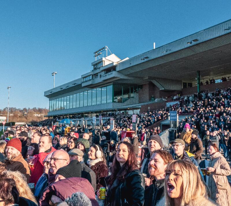 A crowd cheering on Boxing Day at Wolverhampton Racecourse